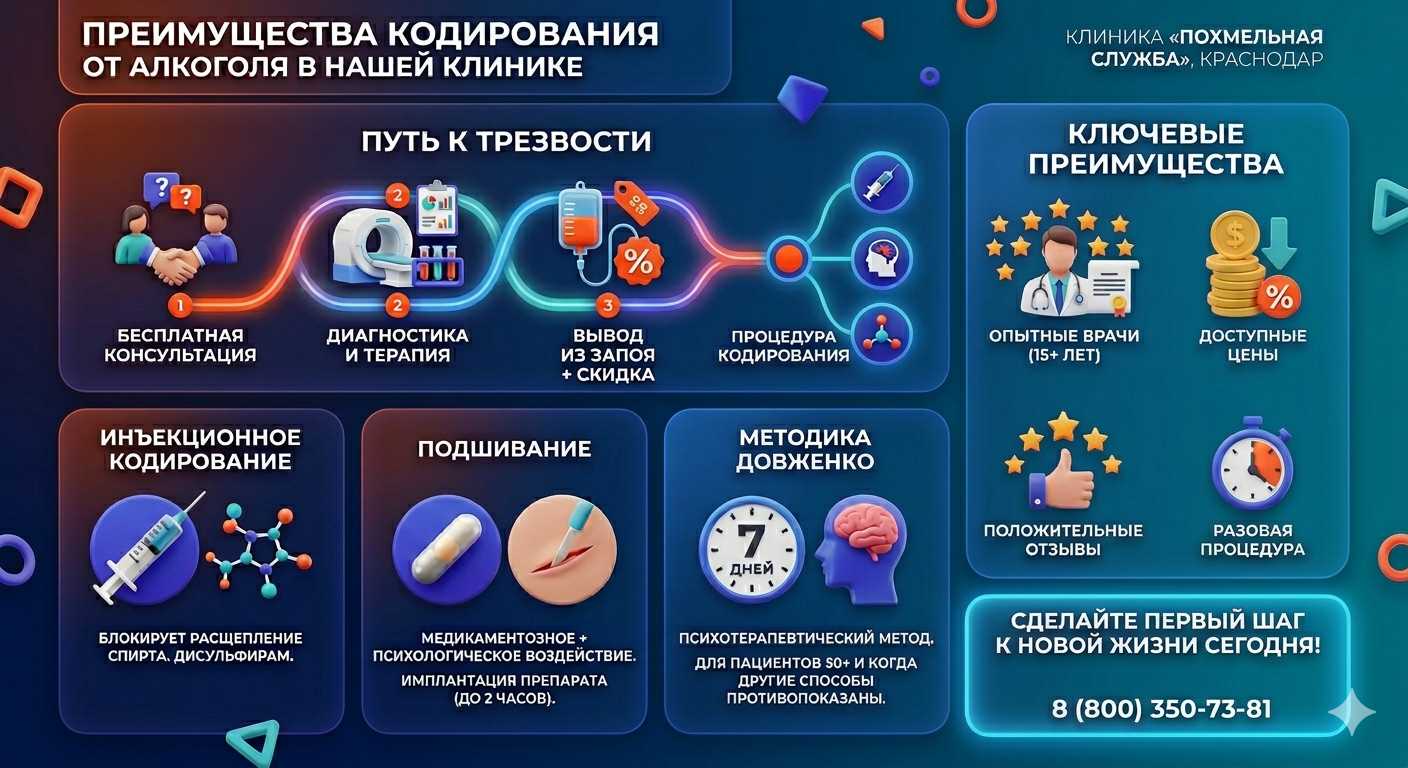 Инфографика о методах кодирования от алкоголя в Сукко: инъекции, подшивание, метод Довженко. Преимущества клиники и этапы лечения.